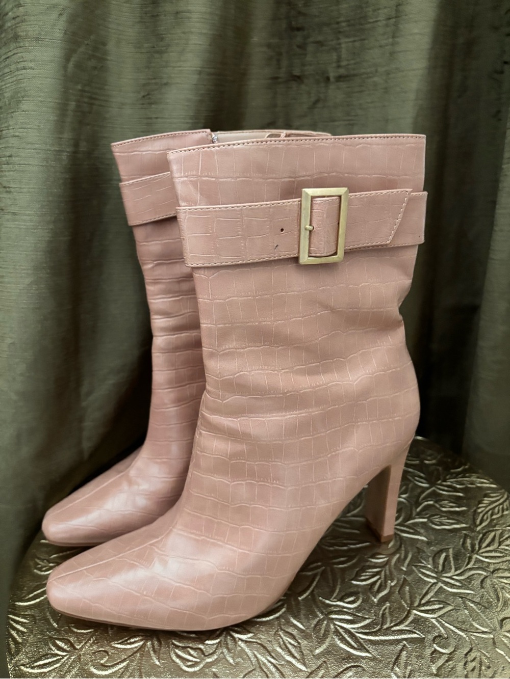 Journee Collection Croc-Embossed Mid-Calf Heeled Boots in Dusty Rose